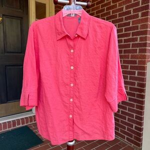 Liz Claiborne 100% Linen Coral Front Button 3/4 Quarter Sleeve Blouse Size 2X